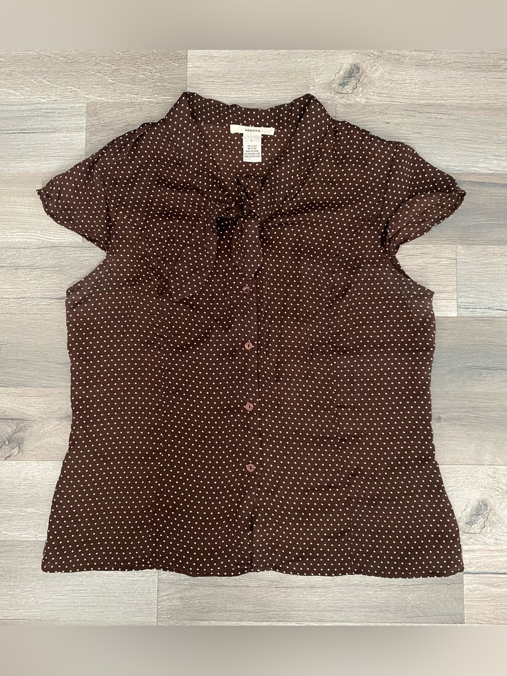 Y2K Merona Brown Polka Dot 100% Silk Neck Tie Button-Up Shirt Size L